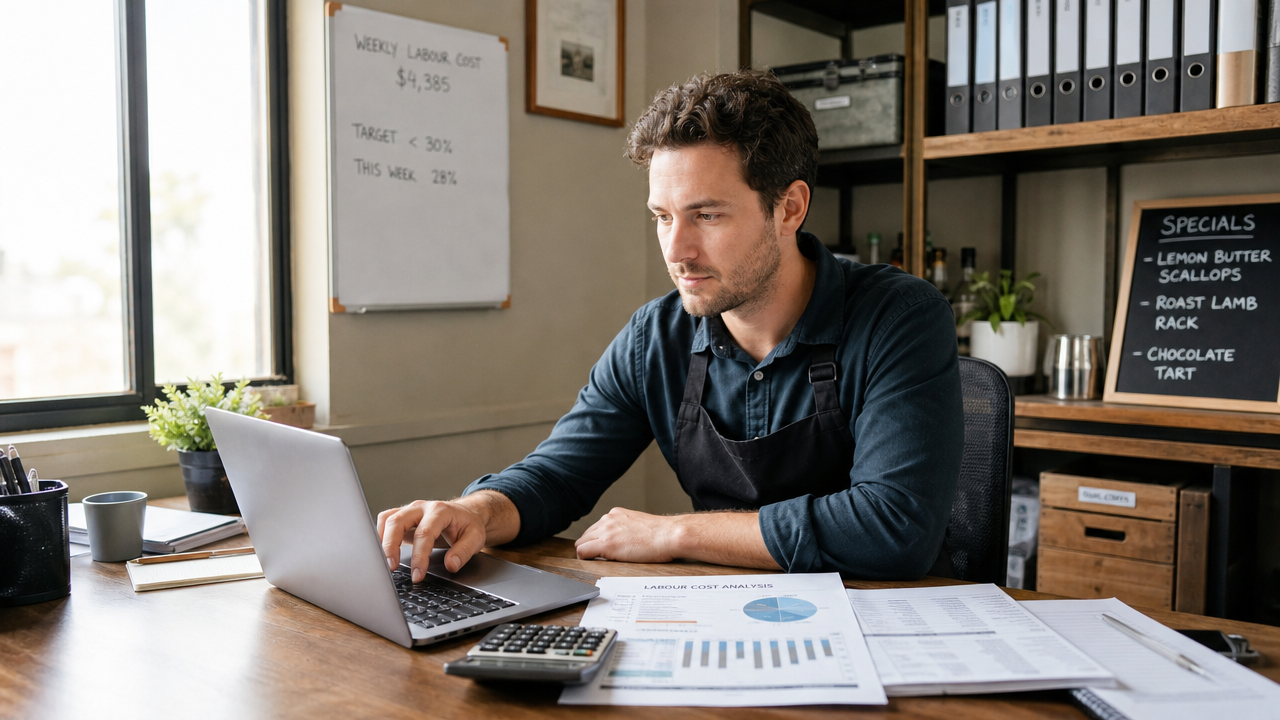 A restaurant owner reviewing labor cost figures and wages on a laptop in the back office
