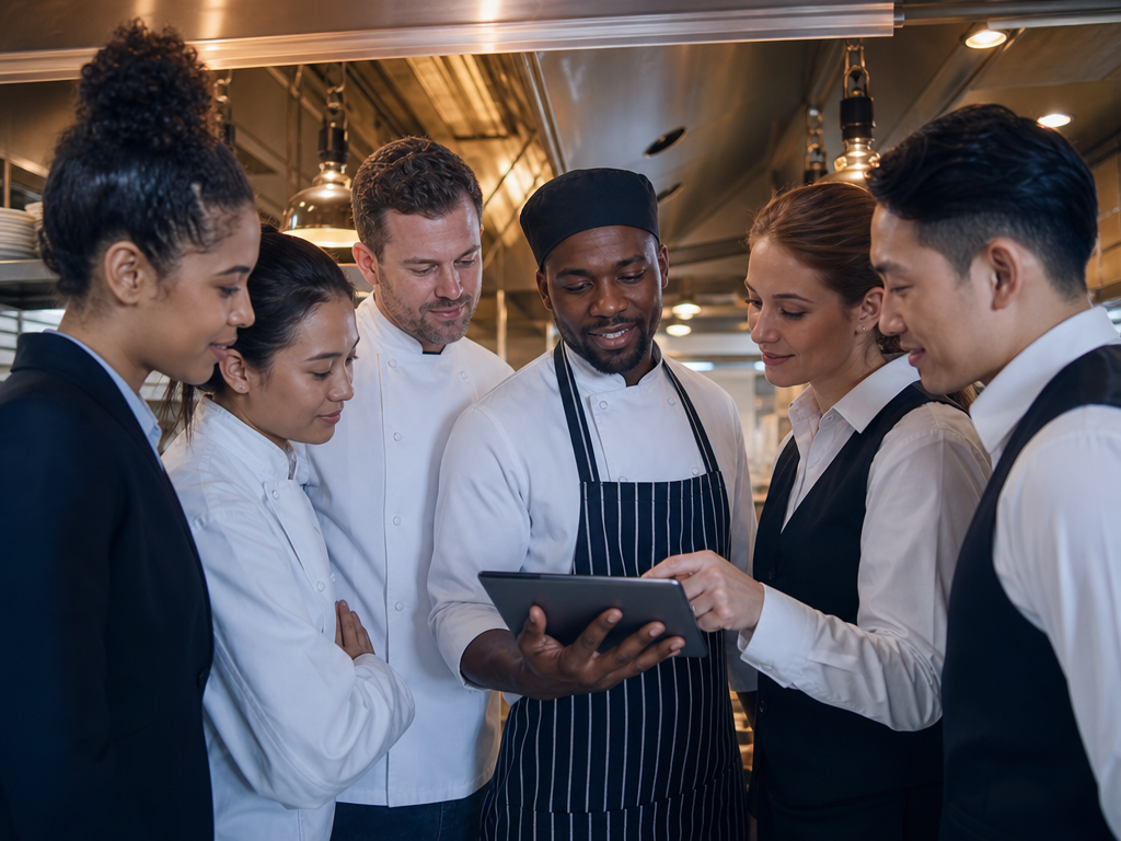 Hospitality shift workers reviewing their rota on a tablet during shift handover in a hotel kitchen