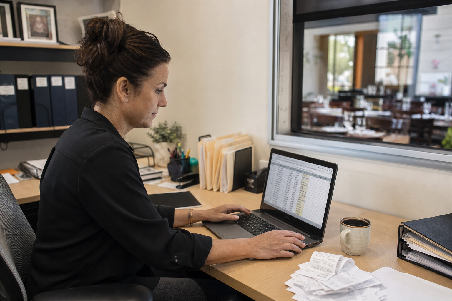 Restaurant owner working on tip records at a desk in a back office
