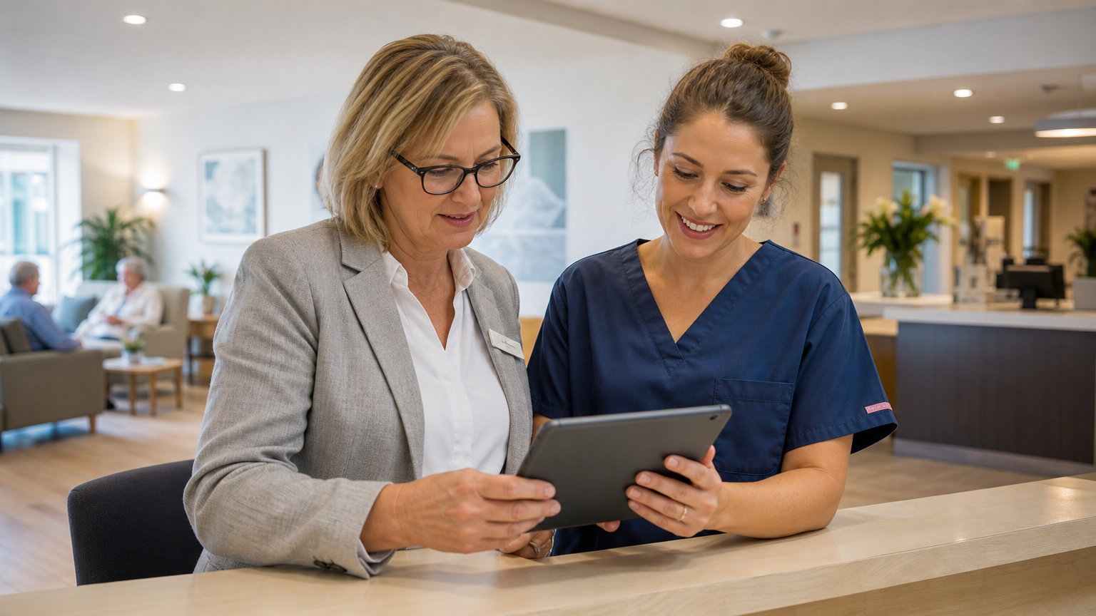 Aged care manager and care worker reviewing a staff roster on a tablet at a nurses' station