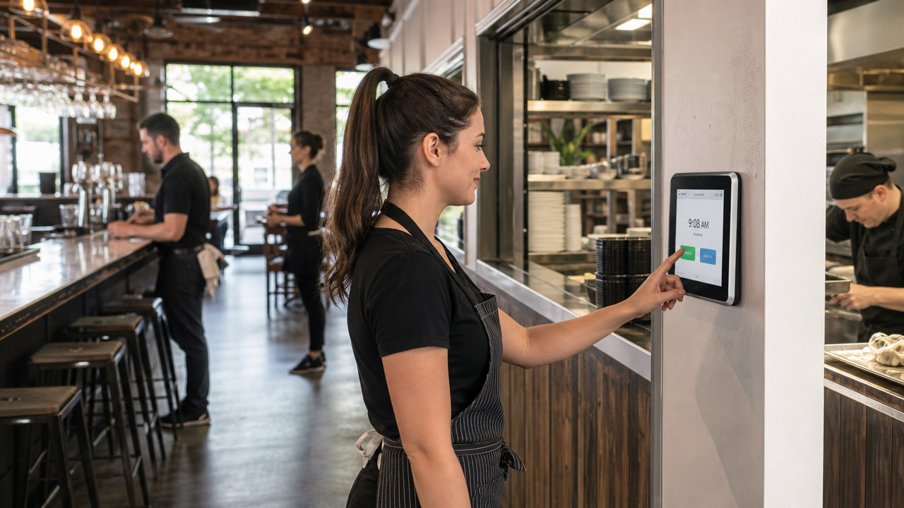 Restaurant worker clocking in on a wall-mounted tablet time clock before service