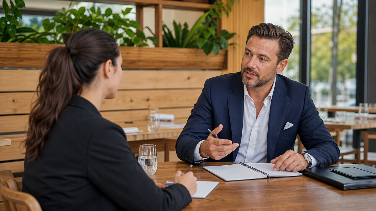 A hospitality manager conducting a job interview with a candidate at a restaurant table with modern Australian decor