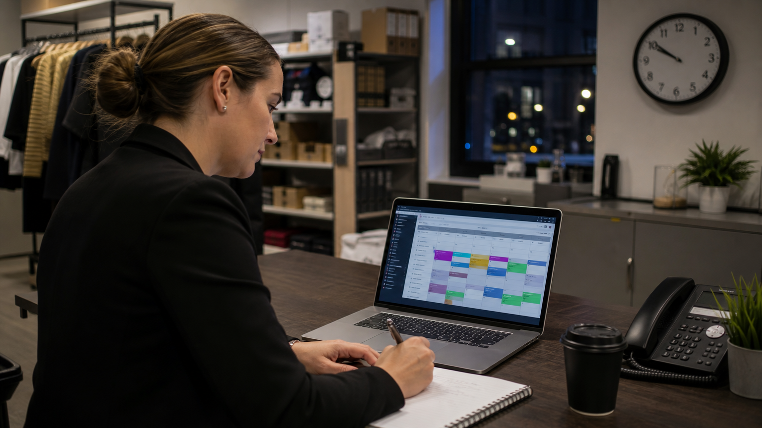 A retail manager at a desk checking shift times on a laptop in the evening