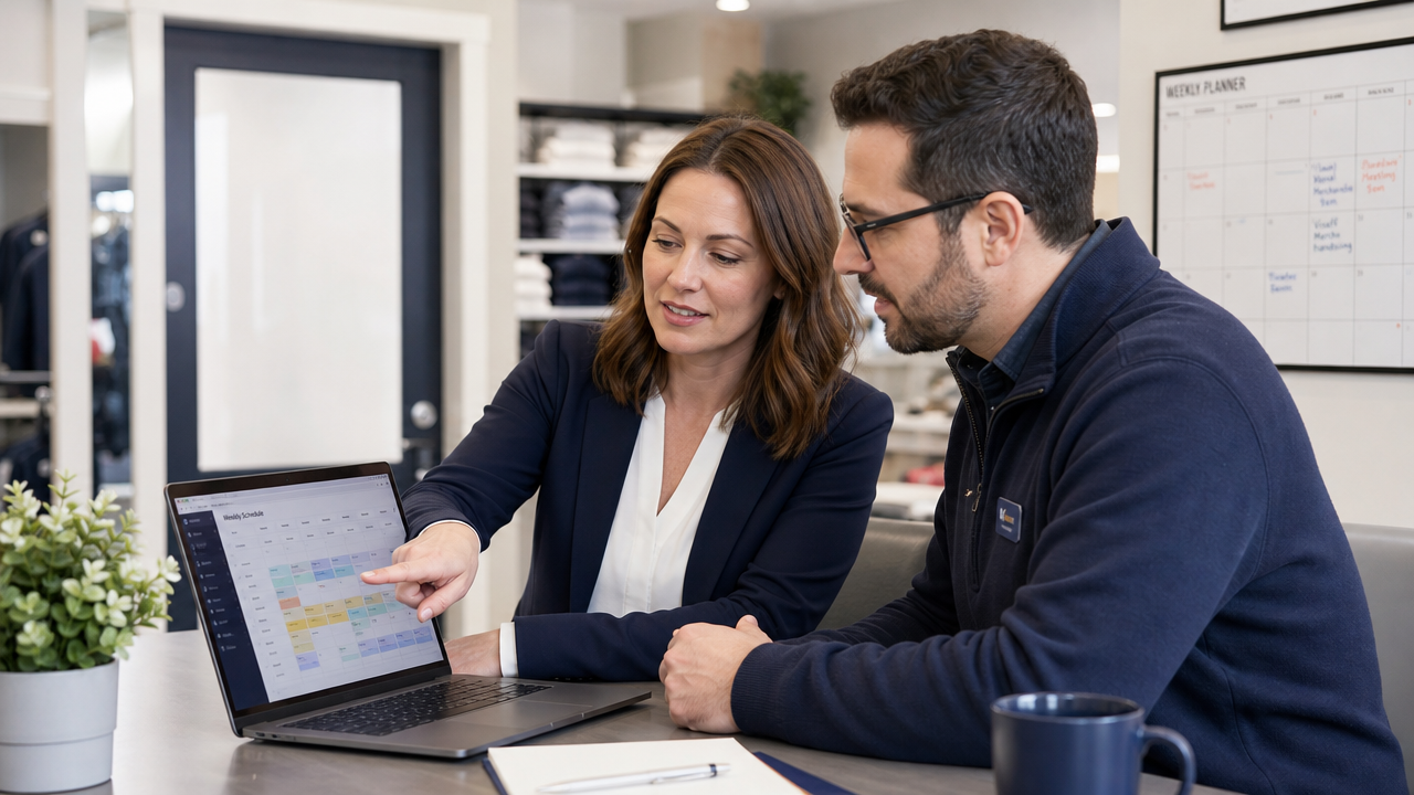 Two retail managers reviewing a shift rota on a laptop in a store office