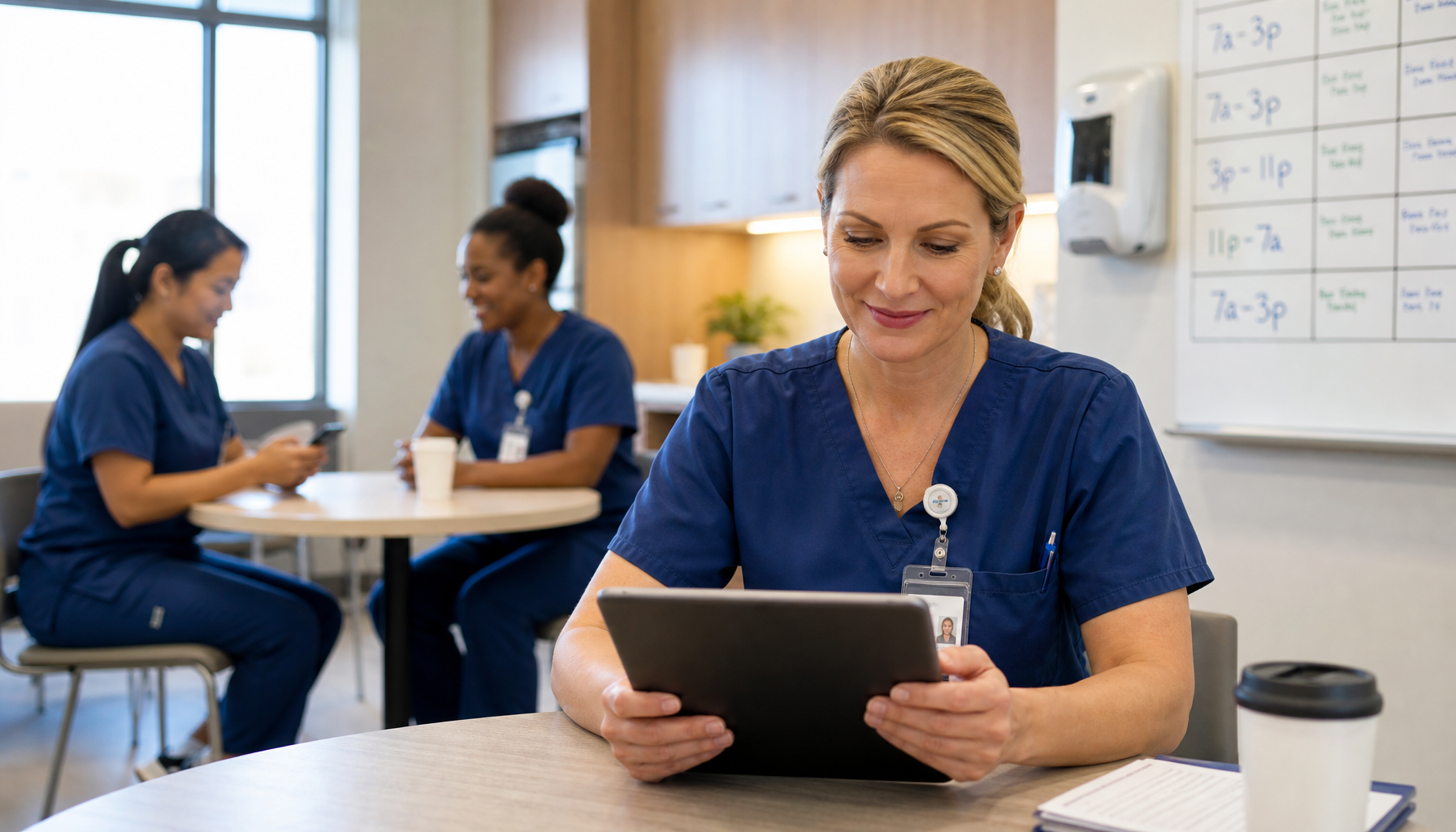 Healthcare nurse manager reviewing a staff schedule on a tablet in a hospital break room