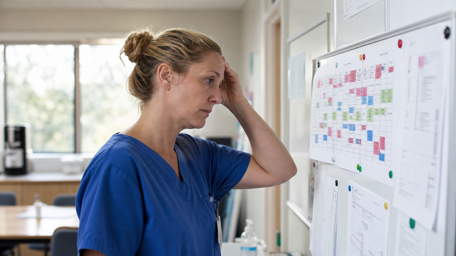 Aged care nurse reviewing a paper roster schedule in a nursing home staff room