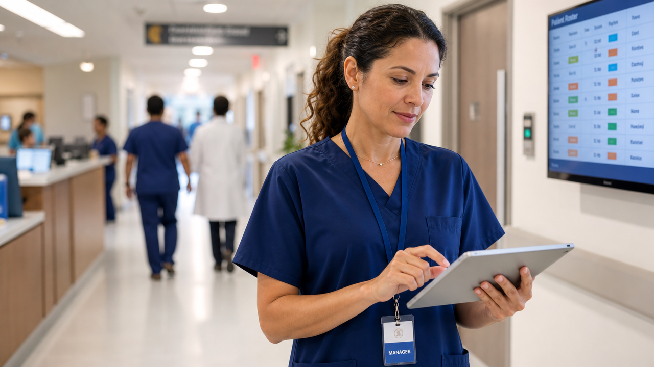 A healthcare manager in scrubs reviewing a digital roster on a tablet in a modern hospital corridor