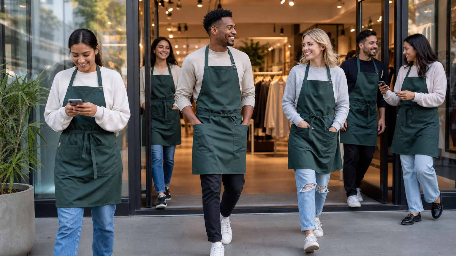 Casual retail employees arriving for their shift at a modern clothing store