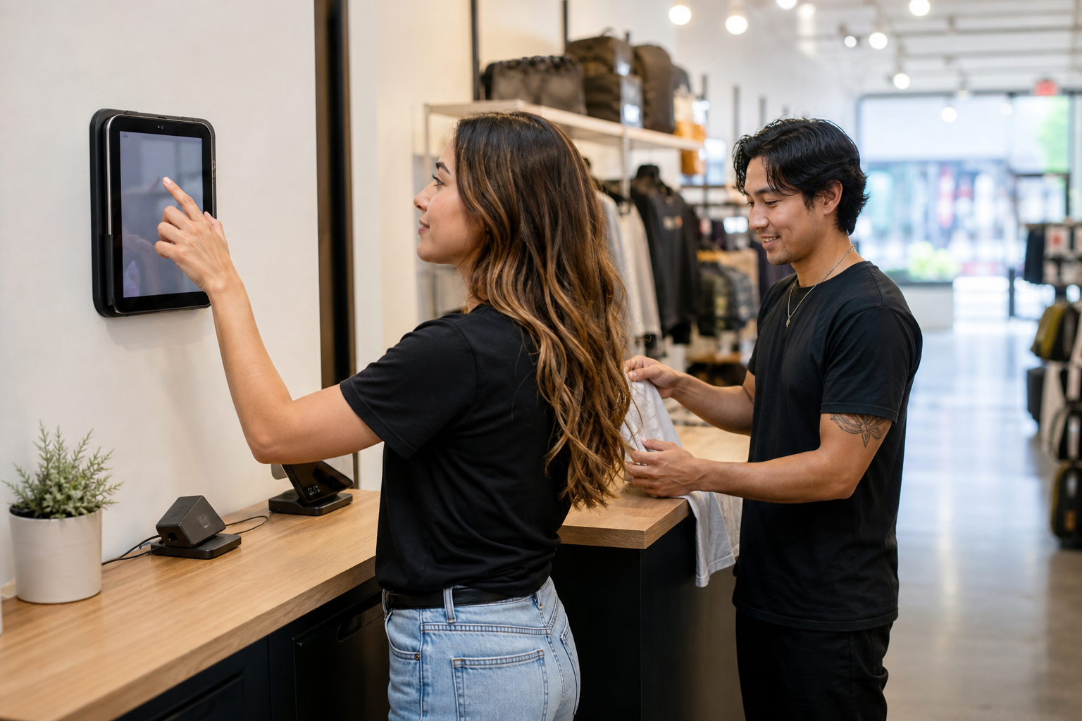 Retail employees clocking in on a wall-mounted tablet at the start of their shift