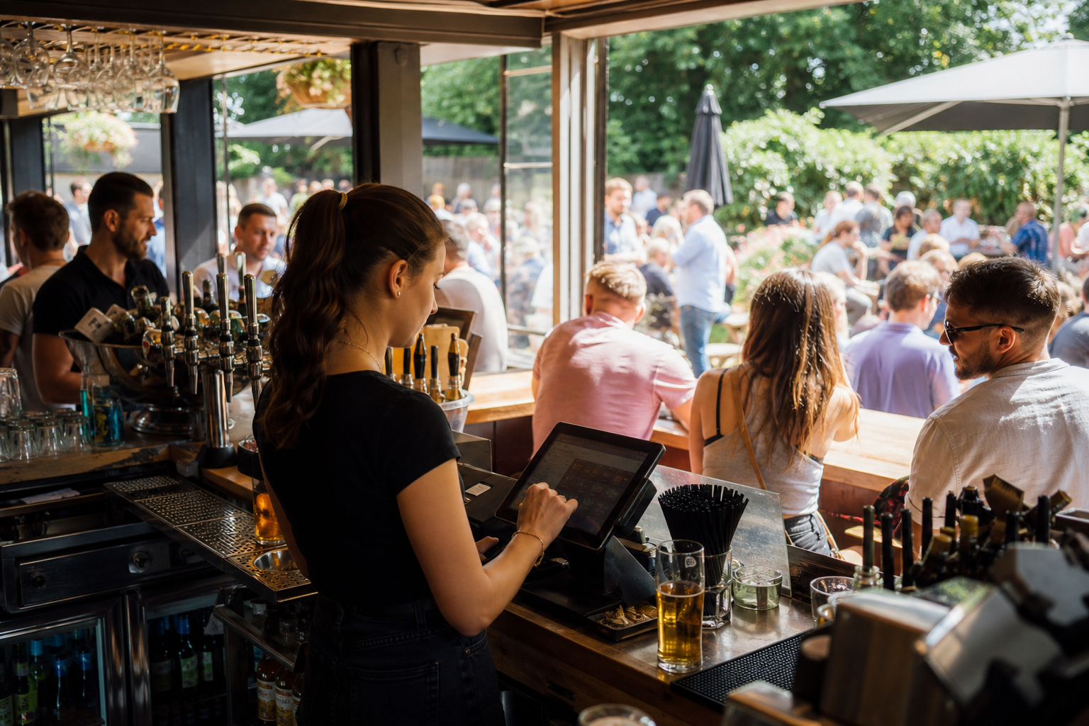 A busy UK pub on a sunny afternoon with a bartender checking a tablet while serving customers