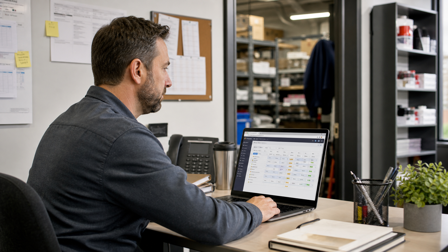 Retail manager reviewing workforce scheduling data on a laptop