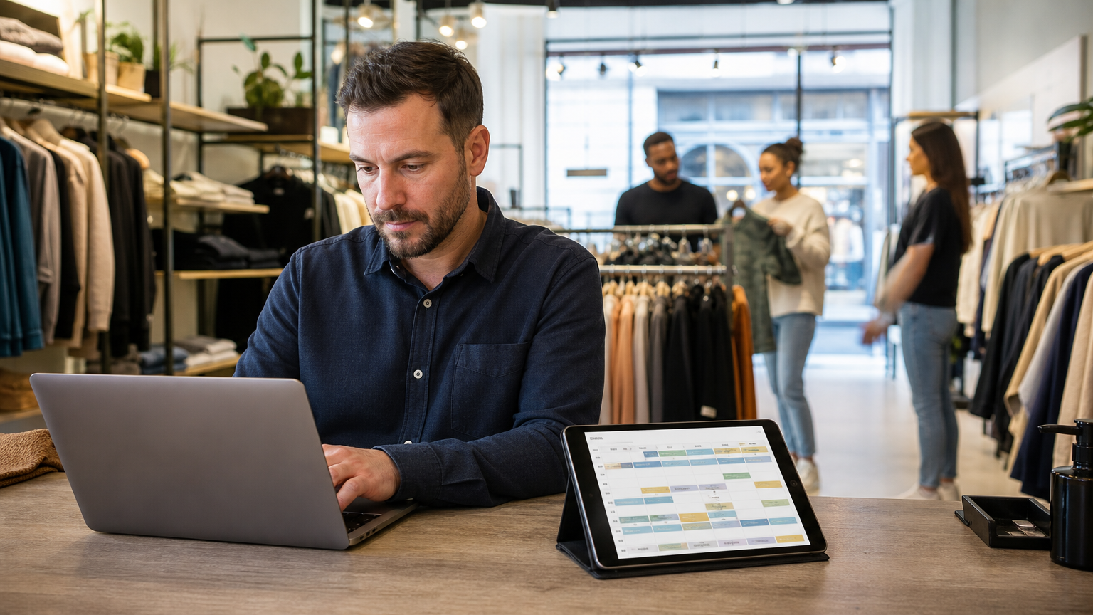 Retail store manager reviewing absence records on a laptop at a shop counter