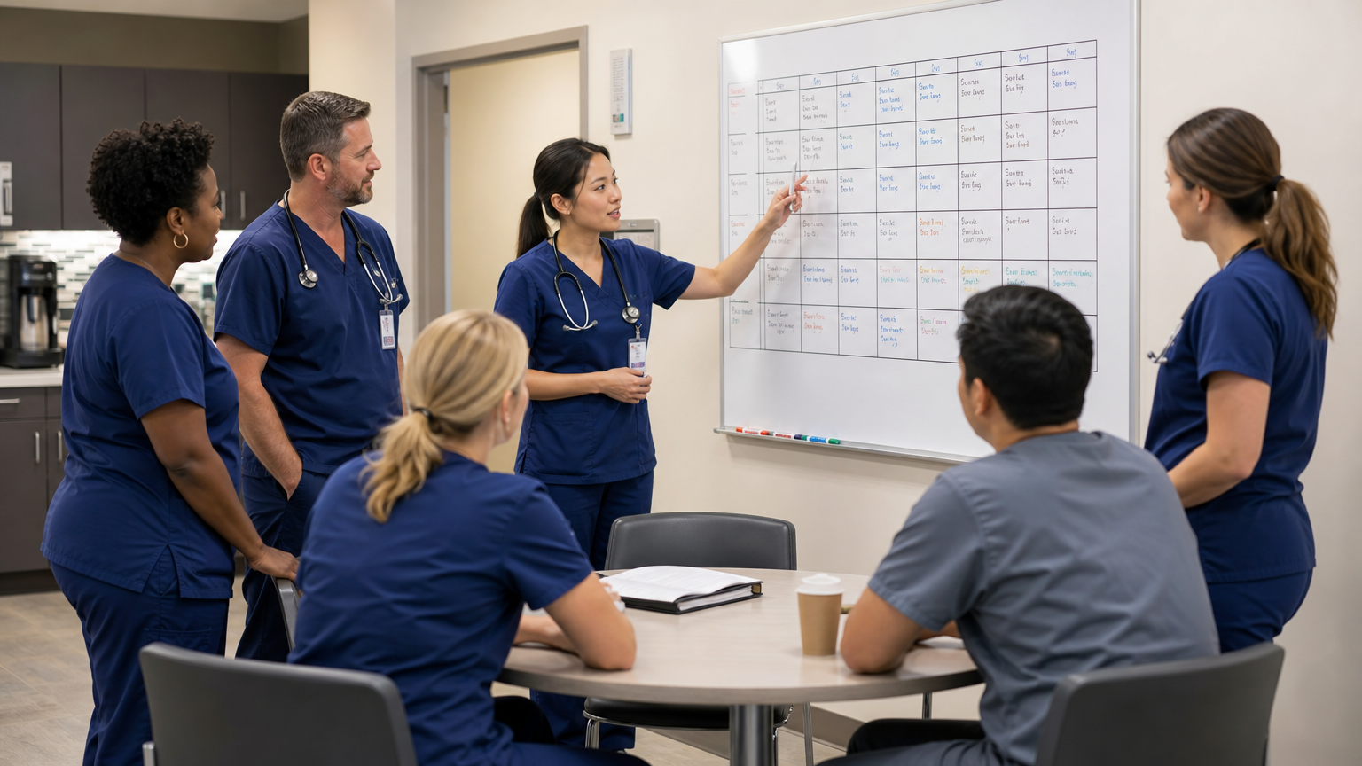 Healthcare workers discussing shift assignments around a scheduling board in a hospital break room