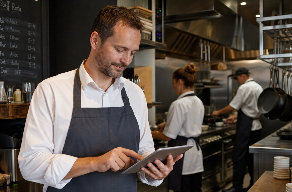 Restaurant manager reviewing a staff rota on a tablet in a busy UK bistro kitchen