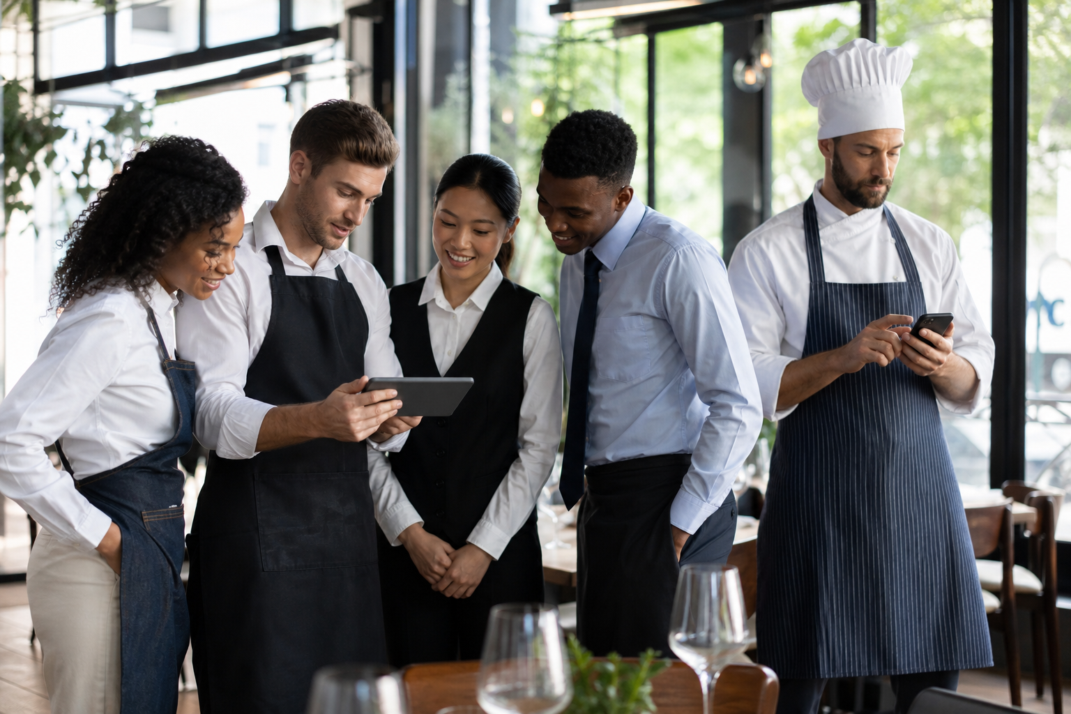 Restaurant team members reviewing a digital schedule alongside a catering contractor checking their phone