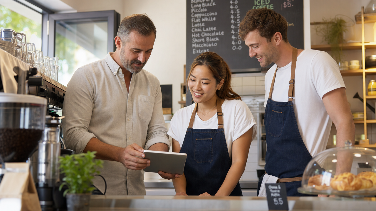 A cafe manager and two staff in aprons check the week's roster together on a tablet behind the counter.