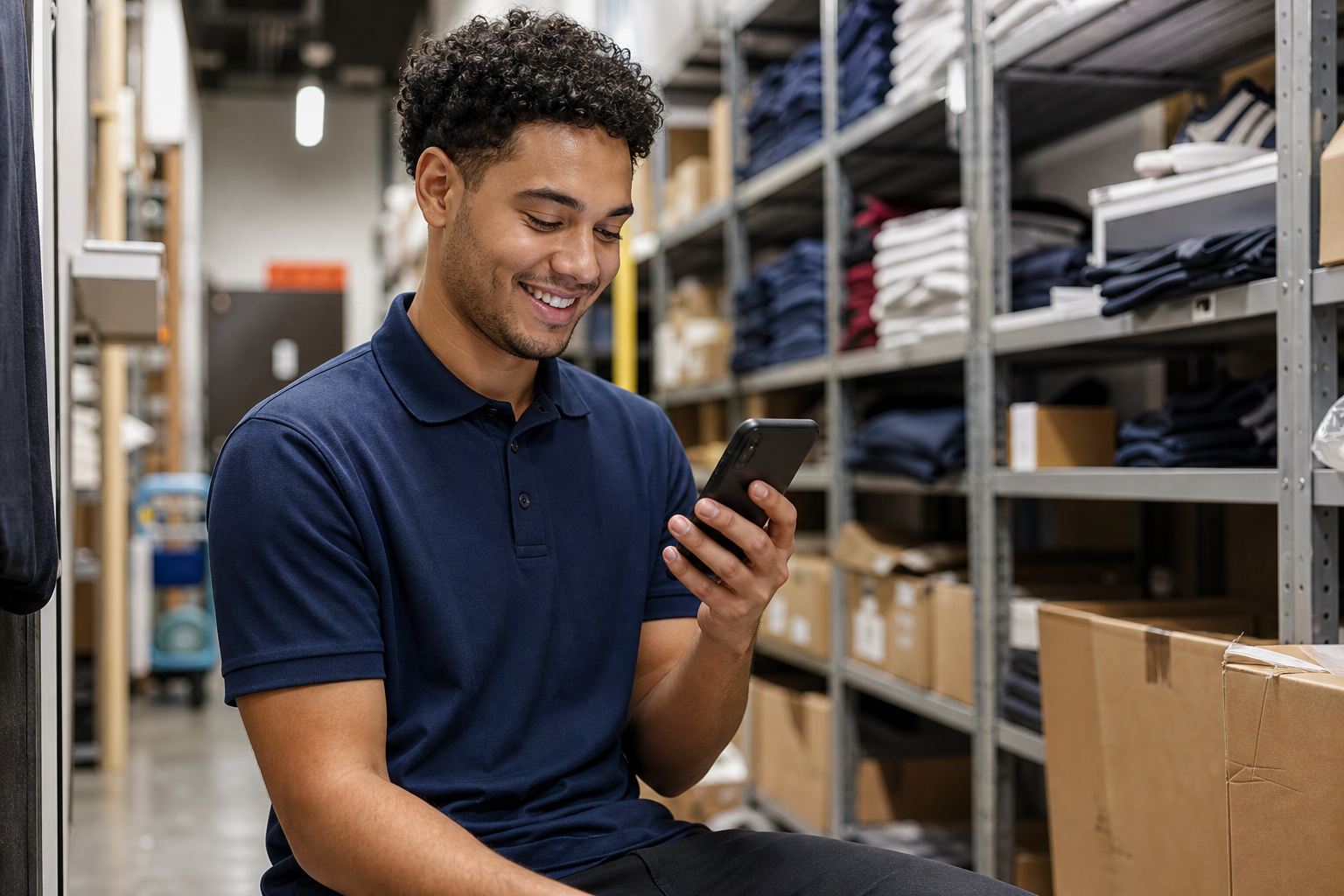 Retail employee checking shift notifications on their phone during a break