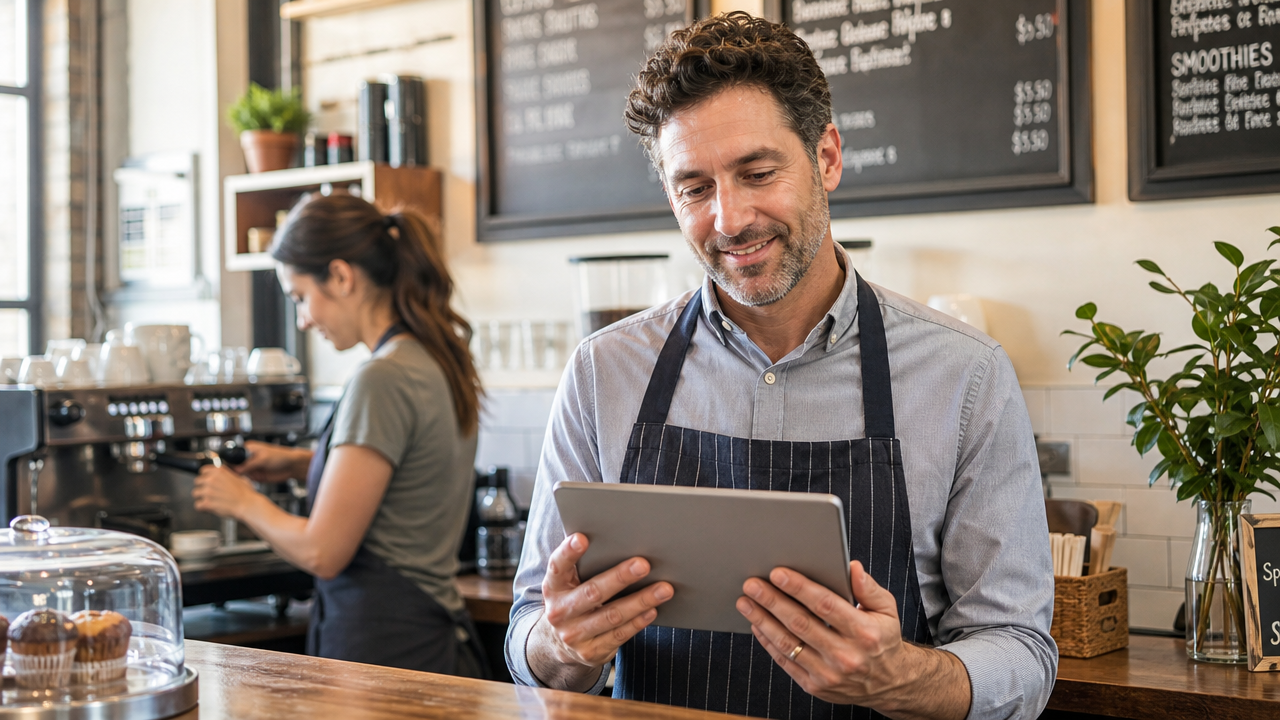A cafe manager reviews a weekly staff schedule on a tablet behind the counter while a barista works the espresso machine