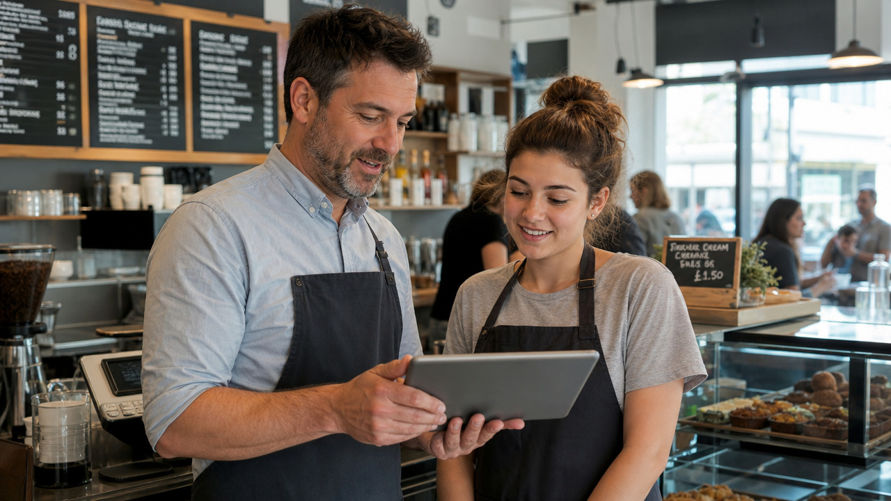 Café manager and a team member checking the staff schedule on a tablet at the counter