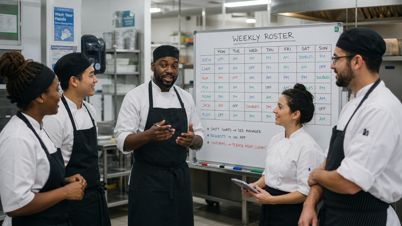A diverse team of restaurant kitchen staff during a shift handover meeting with a weekly roster schedule visible behind them