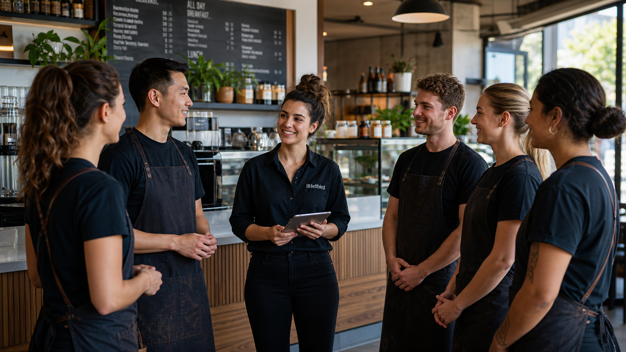 A diverse group of hospitality workers in a modern Australian cafe during a morning team briefing, smiling and engaged