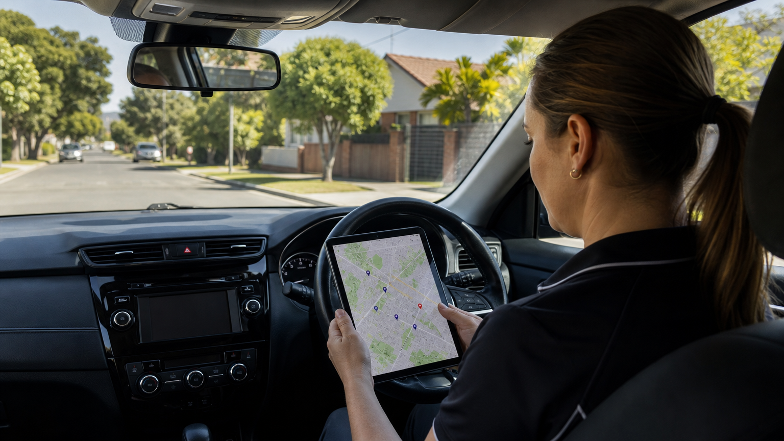 A disability support worker sitting in their car reviewing a tablet with client locations mapped, planning their route between participant homes in a suburban Australian street