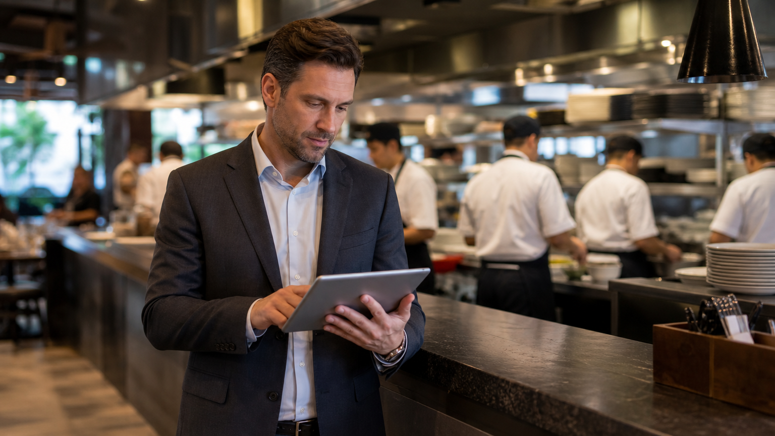 Restaurant manager reviewing employee schedules on a tablet during service