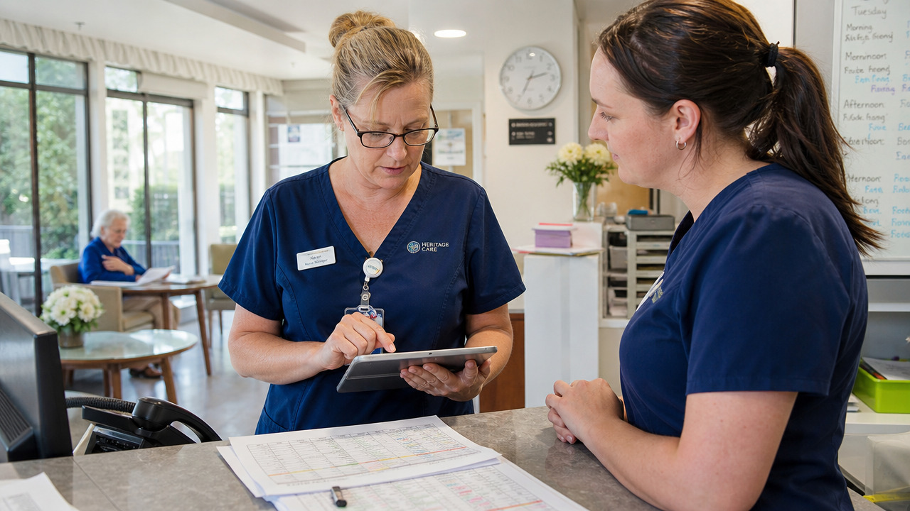 Aged care nurse manager reviewing a staff roster and checking staff qualifications on a tablet at a nursing station