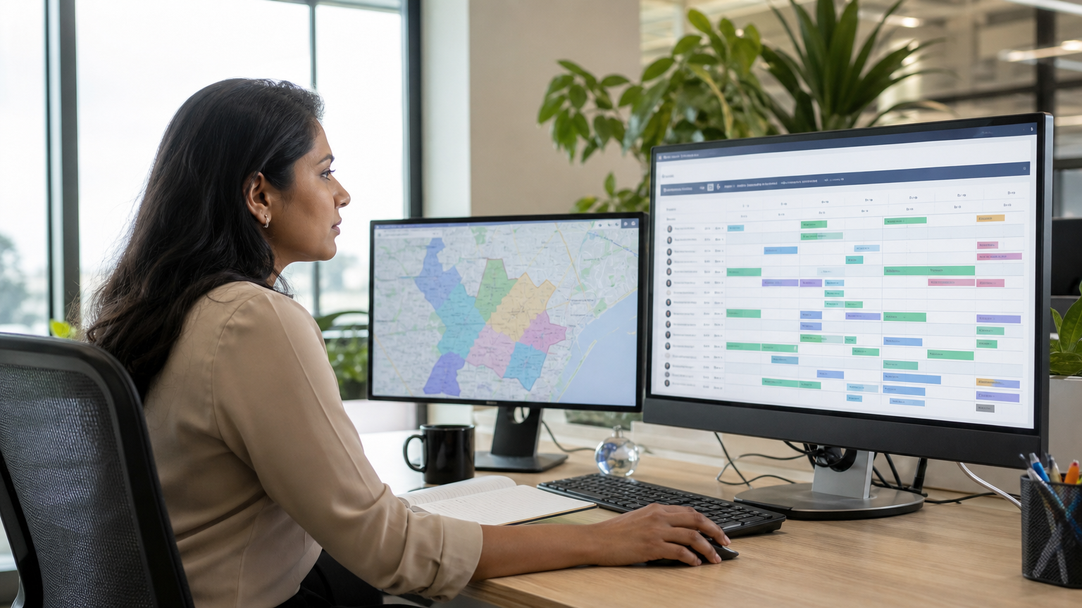 An operations manager reviewing a digital roster on a monitor screen with suburb zones visible on a secondary display in a bright modern Australian office