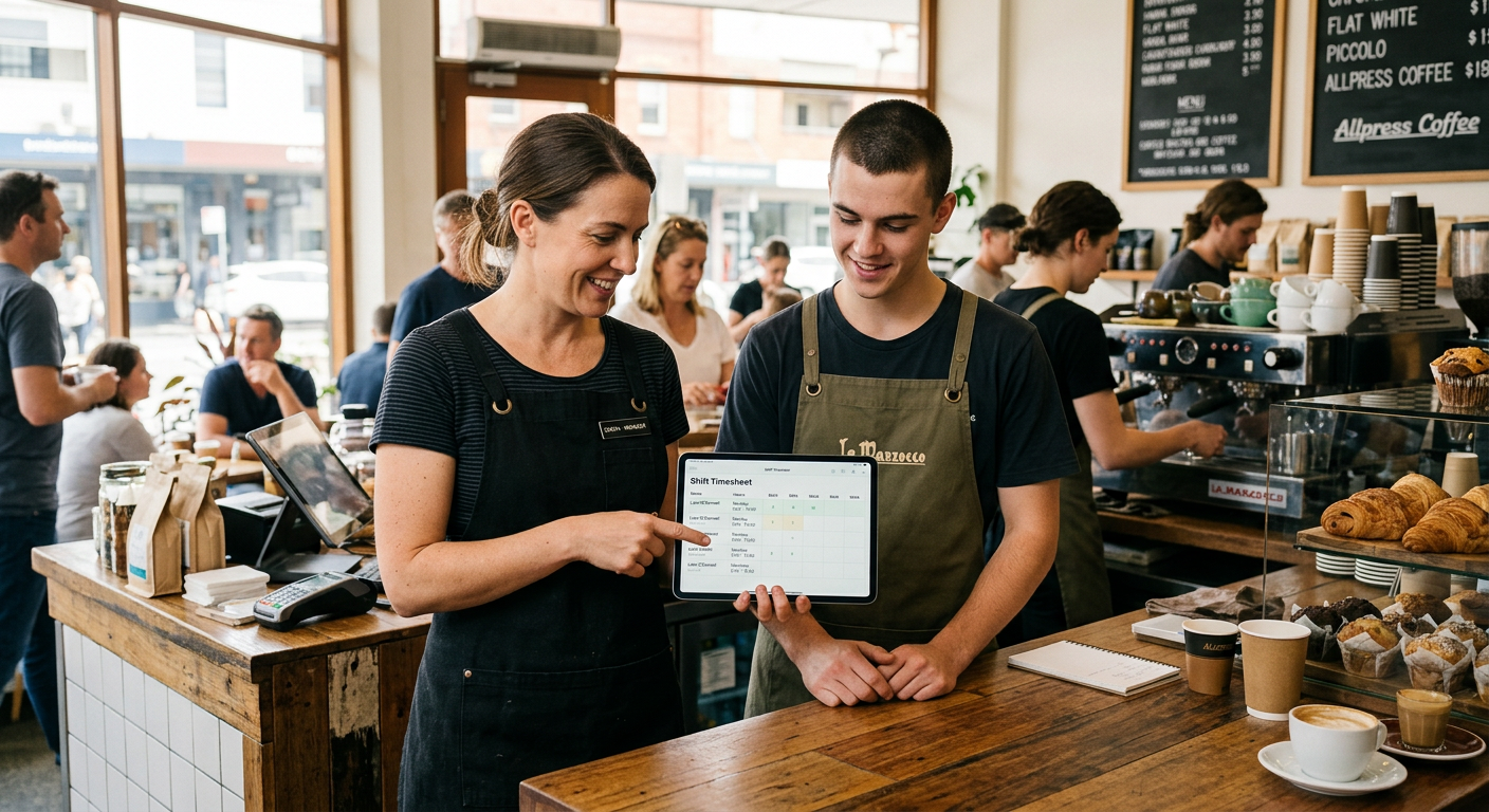 Cafe manager and casual staff member reviewing a shift timesheet on a tablet at the counter