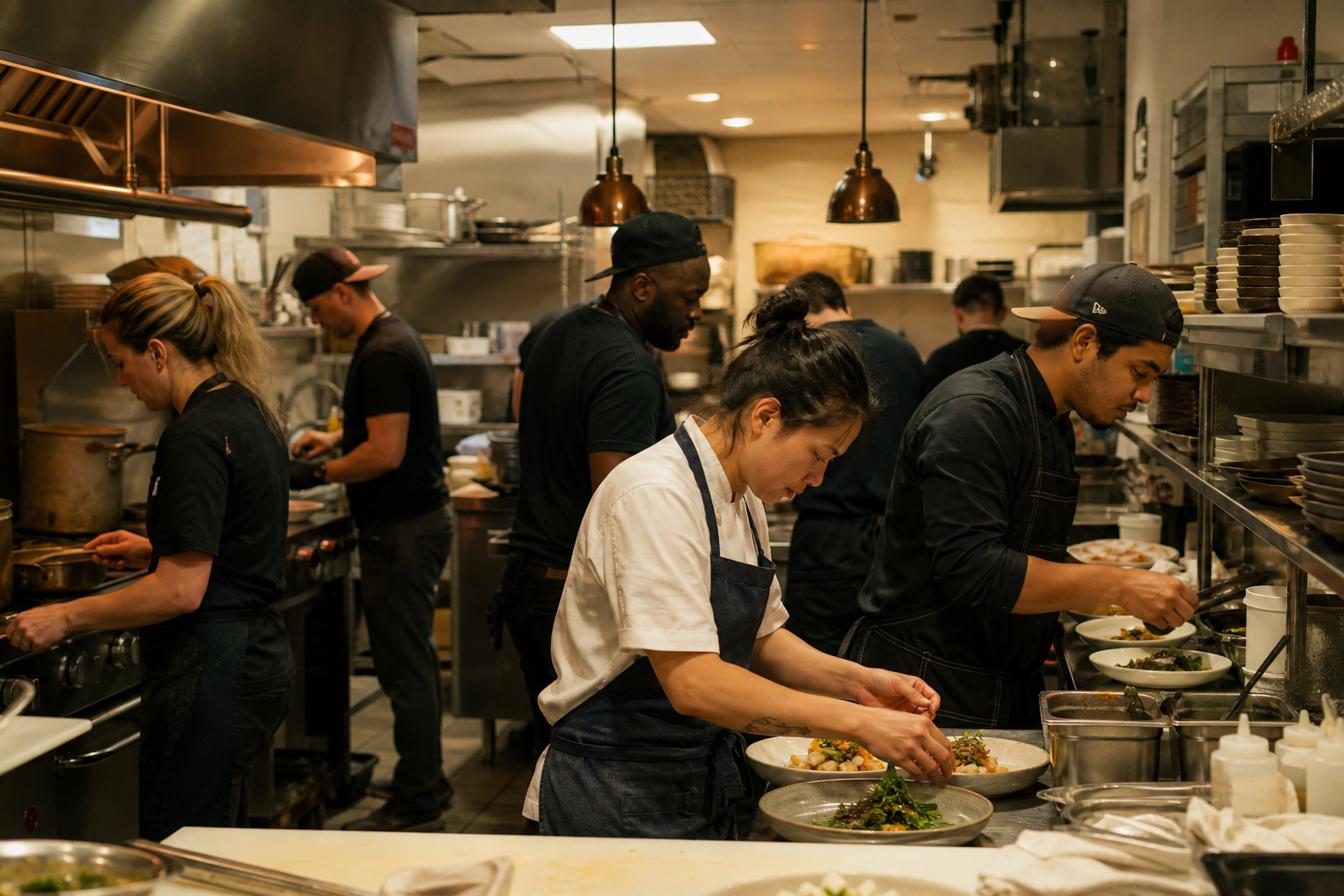 Busy restaurant kitchen team working during a Saturday night dinner service