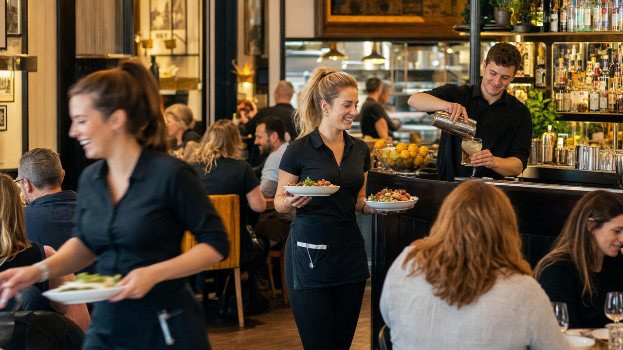 A mixed-age restaurant floor team working a lively dinner service, with servers carrying plates and a bartender pouring drinks.