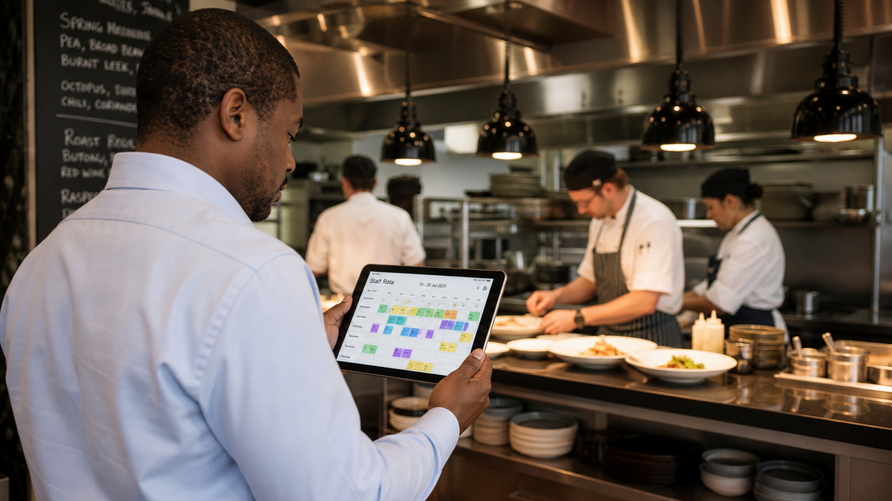 A hospitality manager reviewing a digital staff rota on a tablet in a restaurant kitchen while team members work in the background