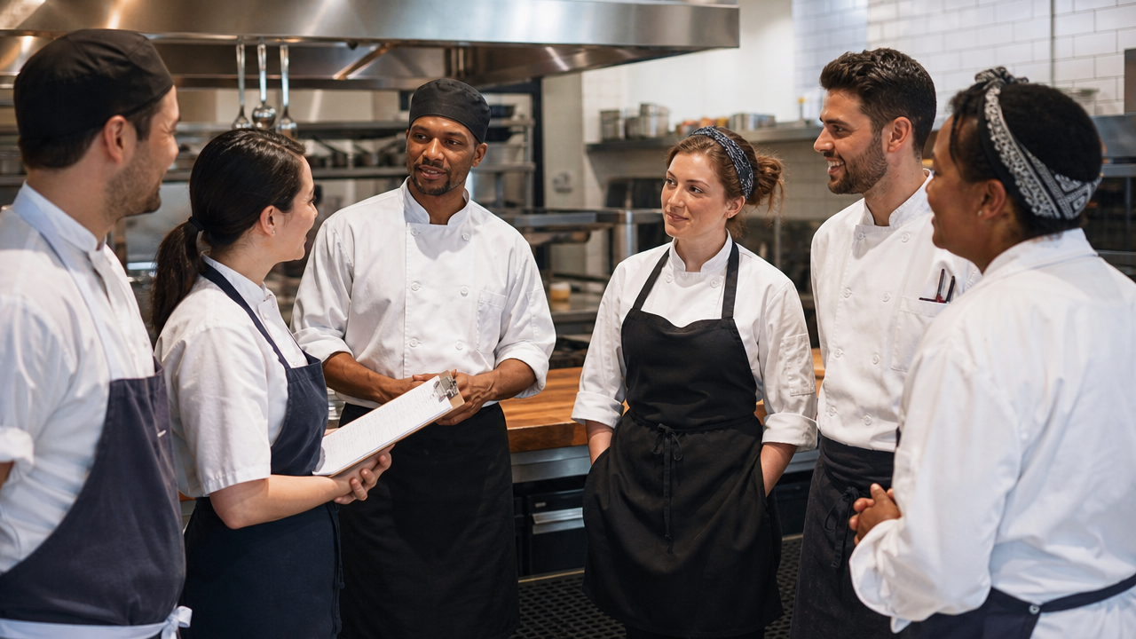 A diverse team of hospitality workers having a pre-shift huddle in a modern restaurant kitchen