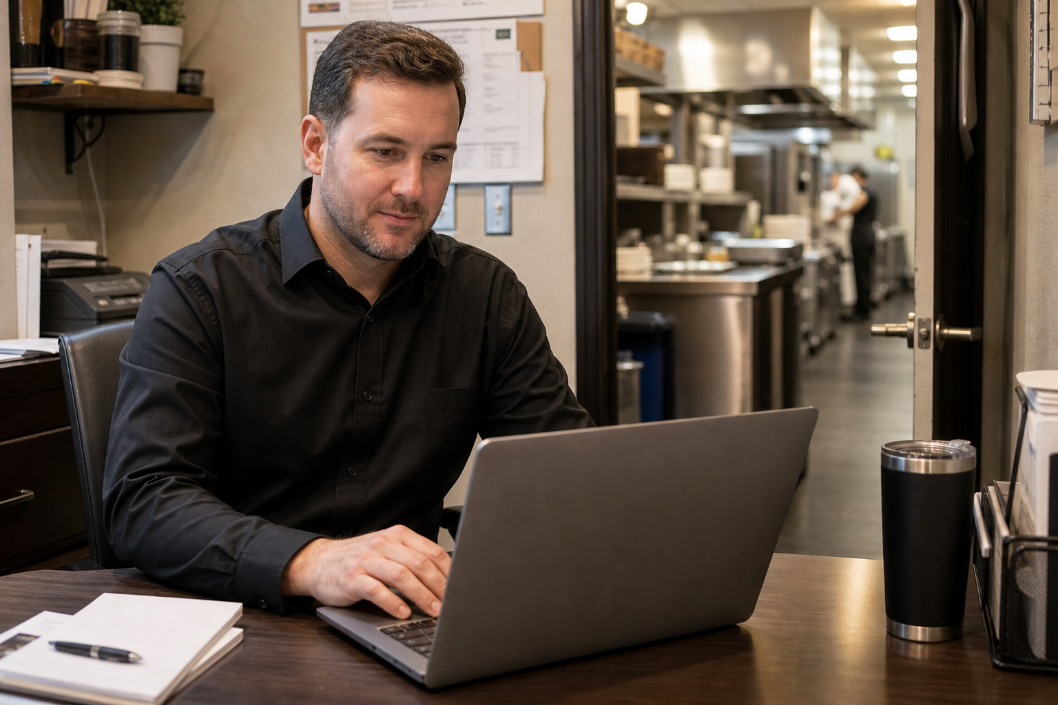 Restaurant manager approving shift requests on a laptop near the kitchen