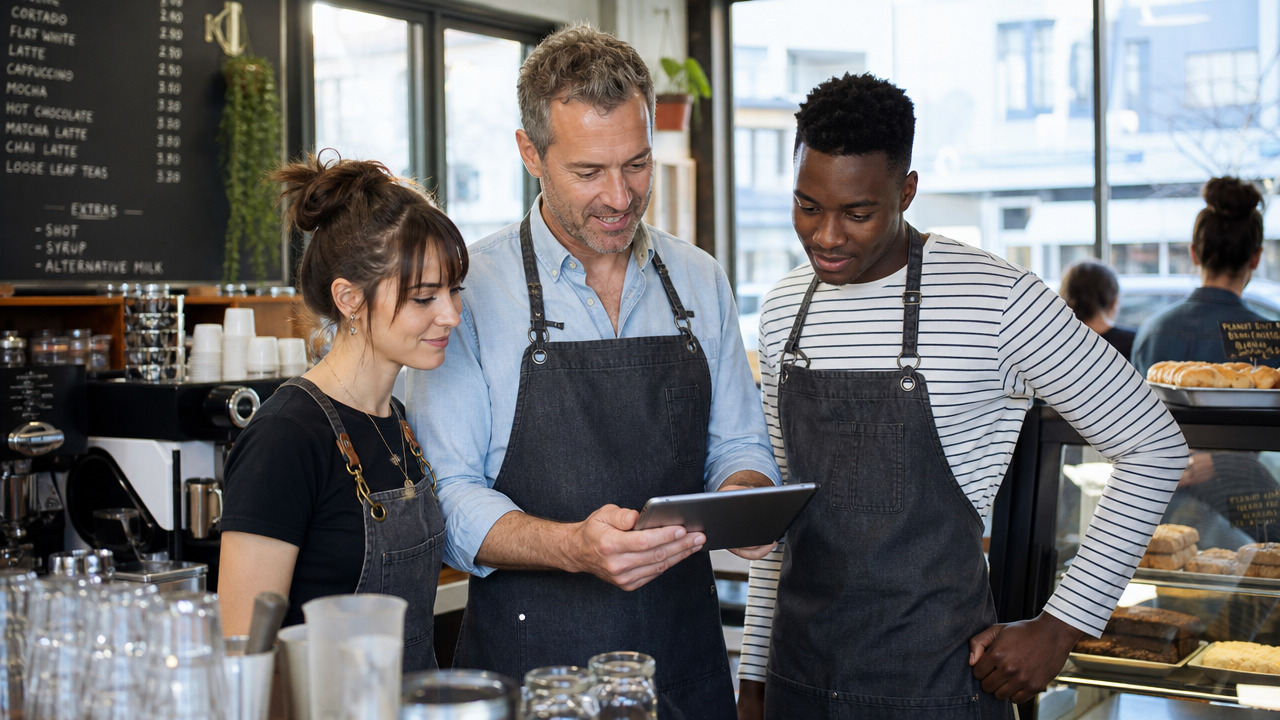 A cafe manager and two team members in aprons reviewing a staff rota on a tablet behind the counter