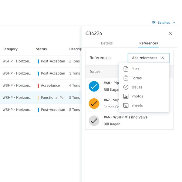 建設向けアセット管理ソフトウェアの参照ファイル、フォーム、指摘事項