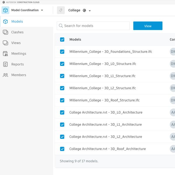 建設ソフトウェアでの統合モデルの集約のスクリーンショット。