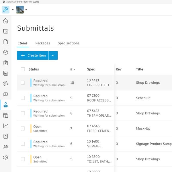 Journal des soumissions de construction dans Autodesk Build, logiciel de soumission de construction.