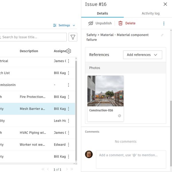 Photo du chantier ajoutée à un problème de sécurité du chantier dans un logiciel de gestion des photos pour la construction.