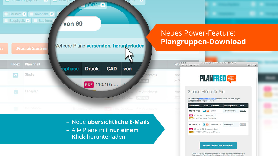 Plan group download and new clearly laid-out e-mails in Planfred