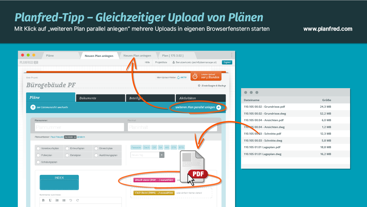 Planfred-Tipp – Gleichzeitiger Upload von Plänen