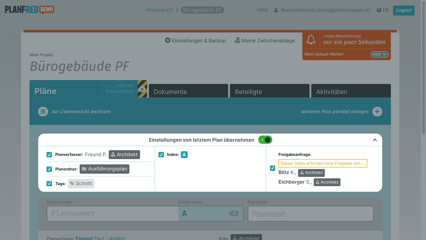 Planfred-Feature: Einstellungen von letztem Plan übernehmen