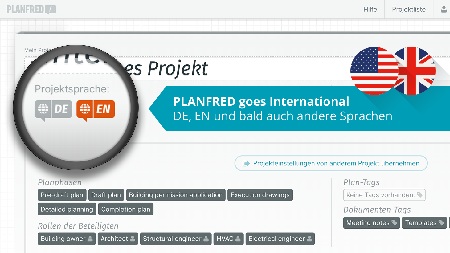 Planfred goes International – Englische Benutzeroberfläche für internationale Projekte