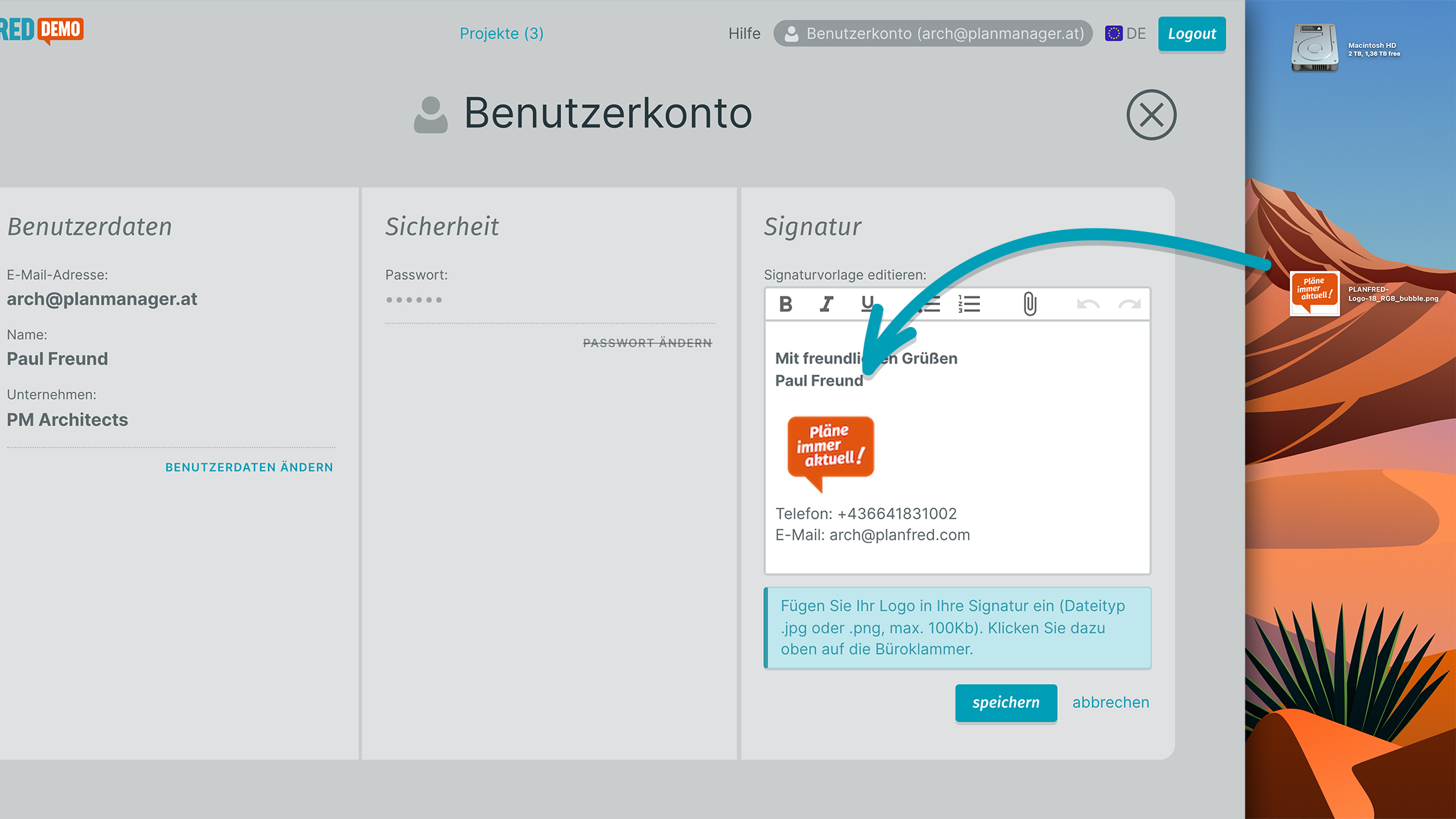 Planfred-Signatur mit Firmenlogo