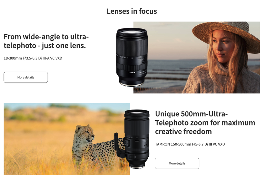 Image of Tamron's Website featuring their product's capabilities