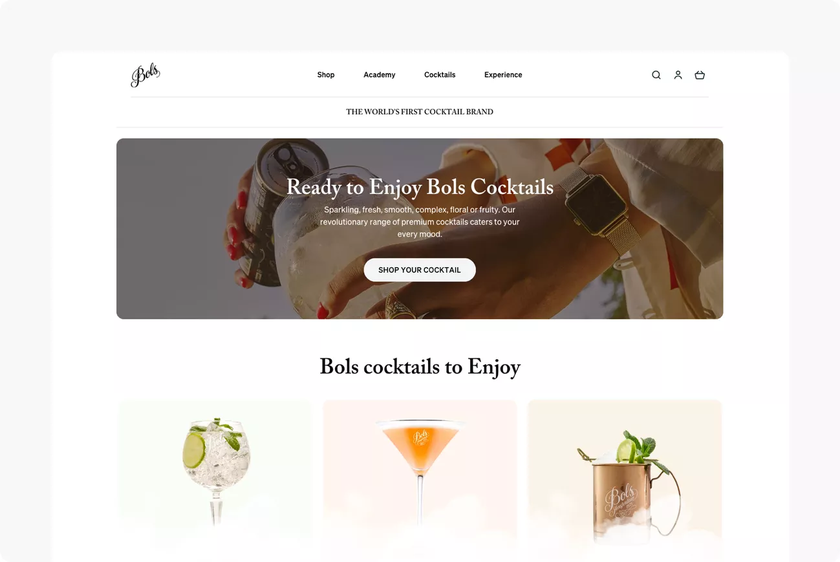 An image showing the new homepage of Bols, after moving to a headless CMS.