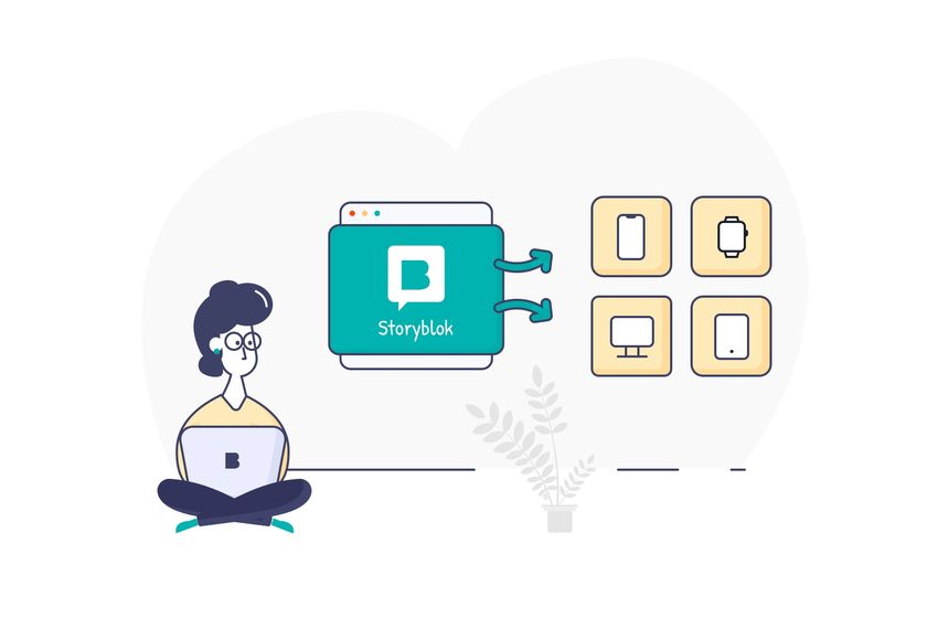 An illustration of a person using Storyblok to then move their content storytelling to multiple channels and devices