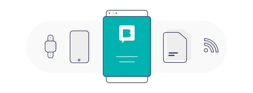An illustration showing content being distributed on multiple devices, like smart watches, phones, etc.
