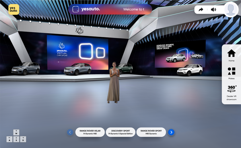 A virtual reality environment where a woman stands surrounded by cars.